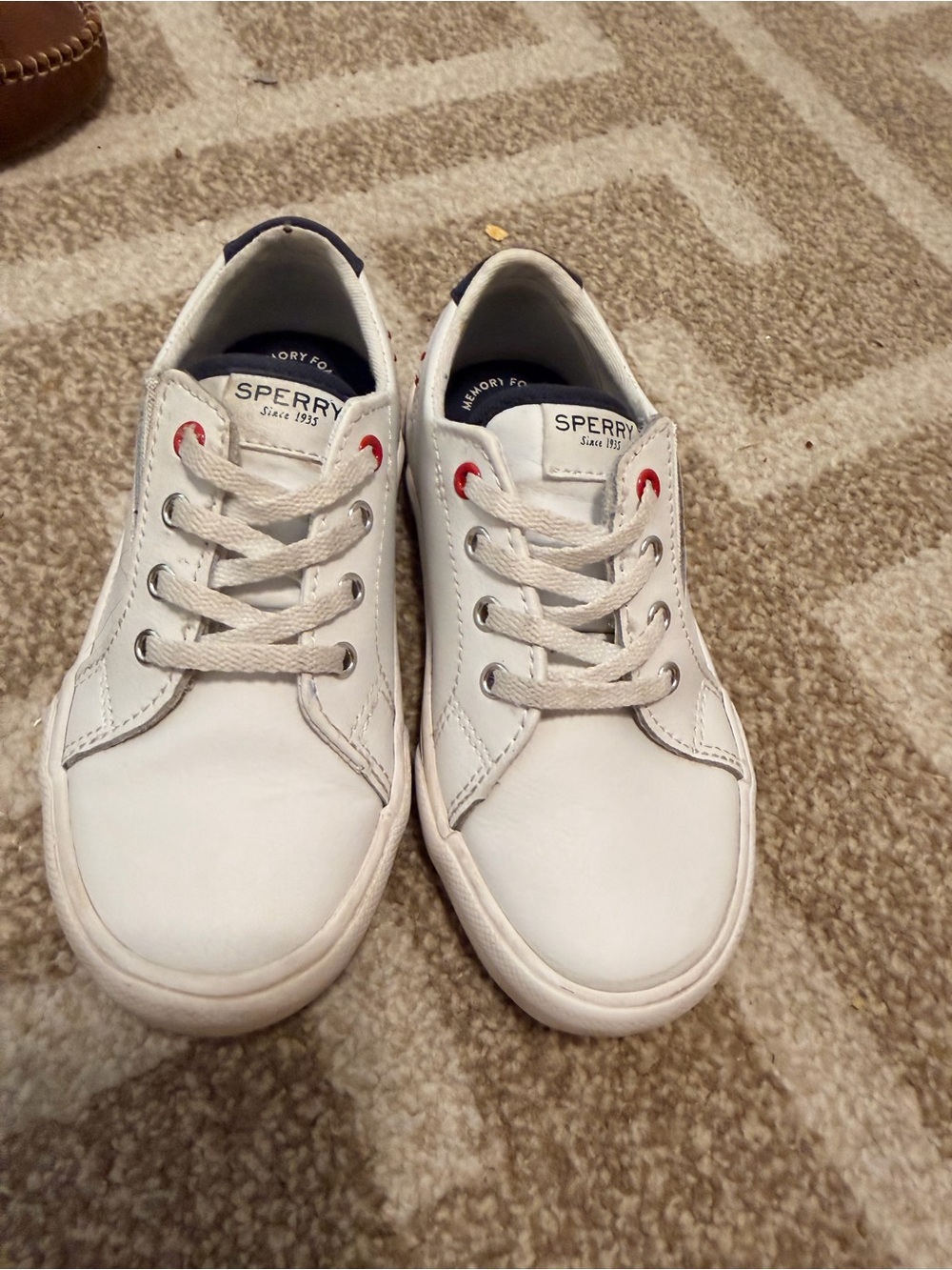 Sperry Kids White Leather Sneakers with Navy Trim and Red Eyelets